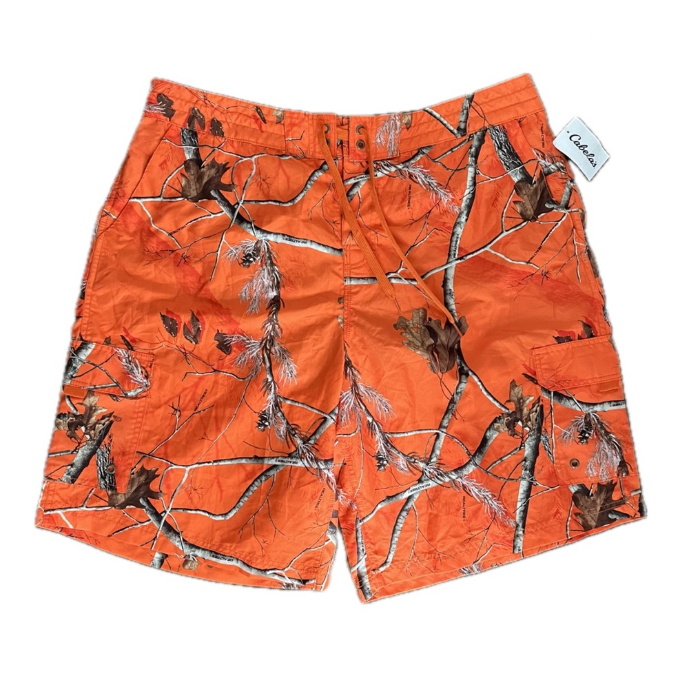 Cabela’s Realtree cargo hybrid swim/board shorts, orange woodland camouflage 2XL